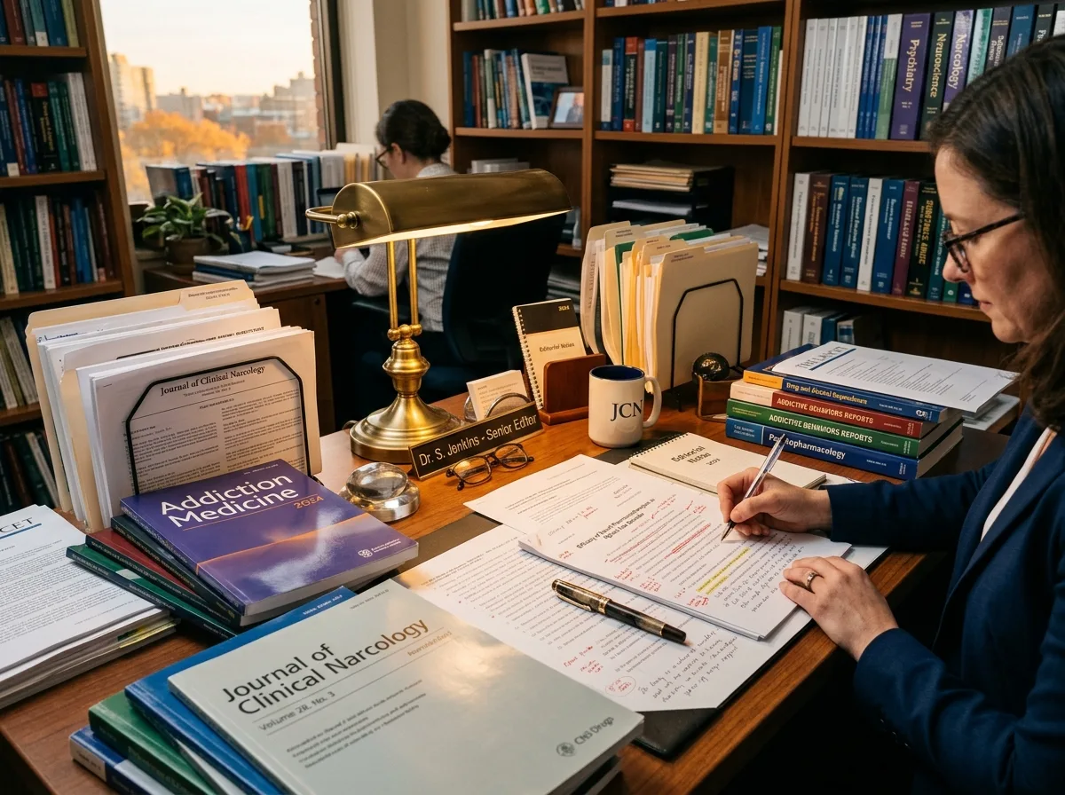 Редакция медицинского журнала по наркологии: стол с медицинскими изданиями, бумагами и пером в тёплом кабинетном освещении